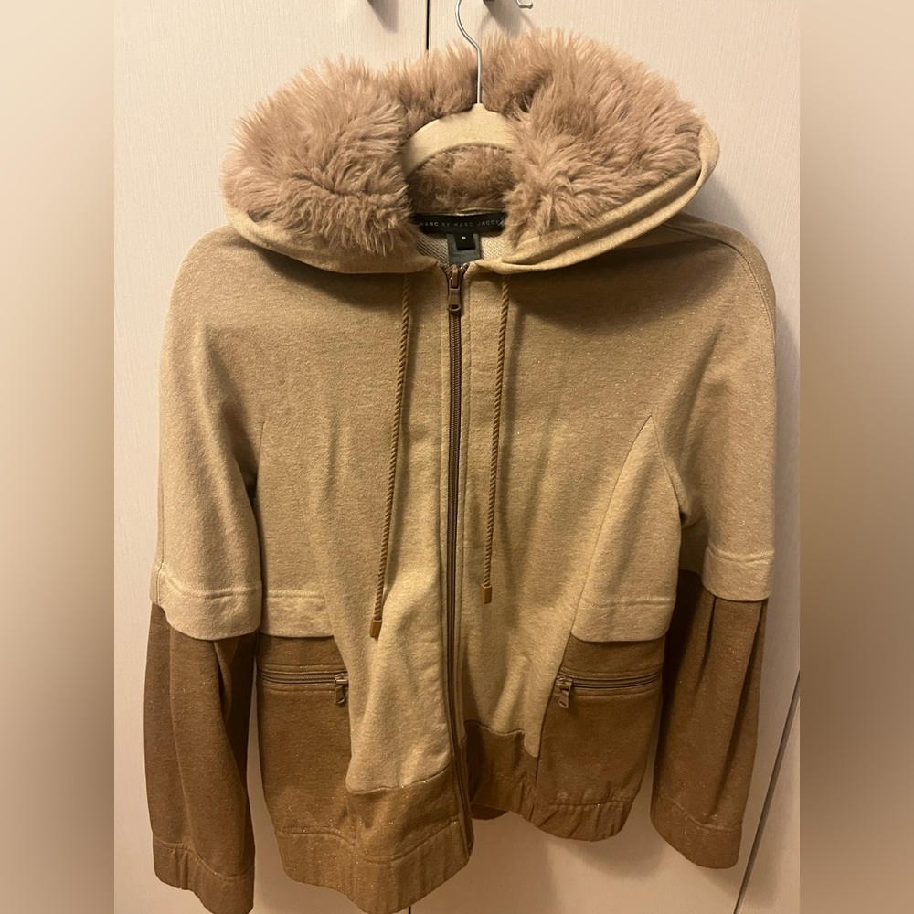 Marc Jacobs Gold Speckled Zip up Sweatshirt with Faux Fur Lined Hood SIZE SMALL